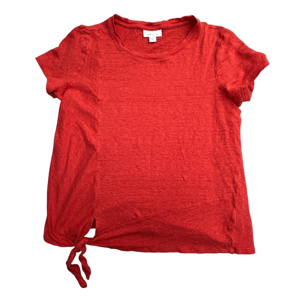 J. Jill Love Linen Shirt Womens Small Red Tie Hem Short Sleeve Tee 100% Linen